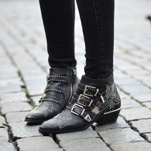 Studded Flat Ankle Boot Black Leather Gold Buckle
